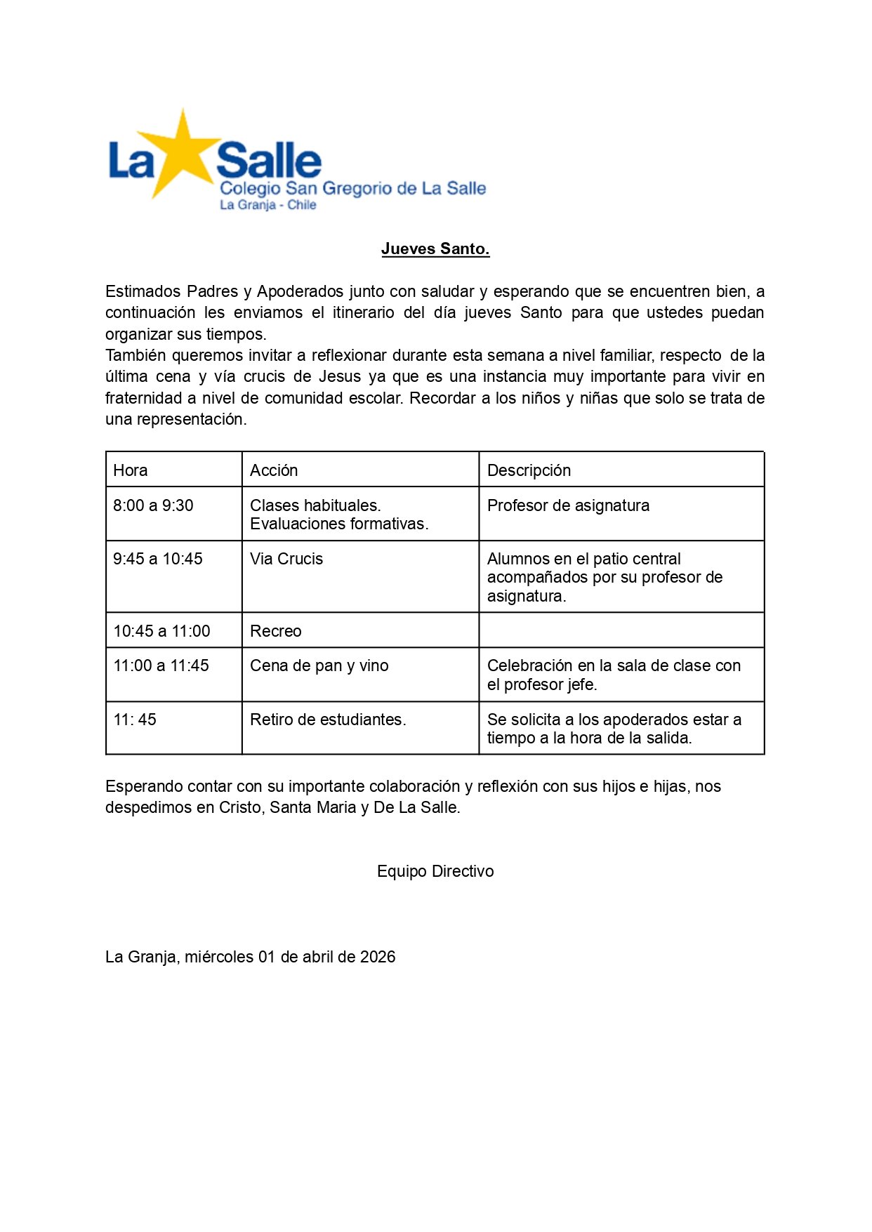 Comunicado Jueves Santo